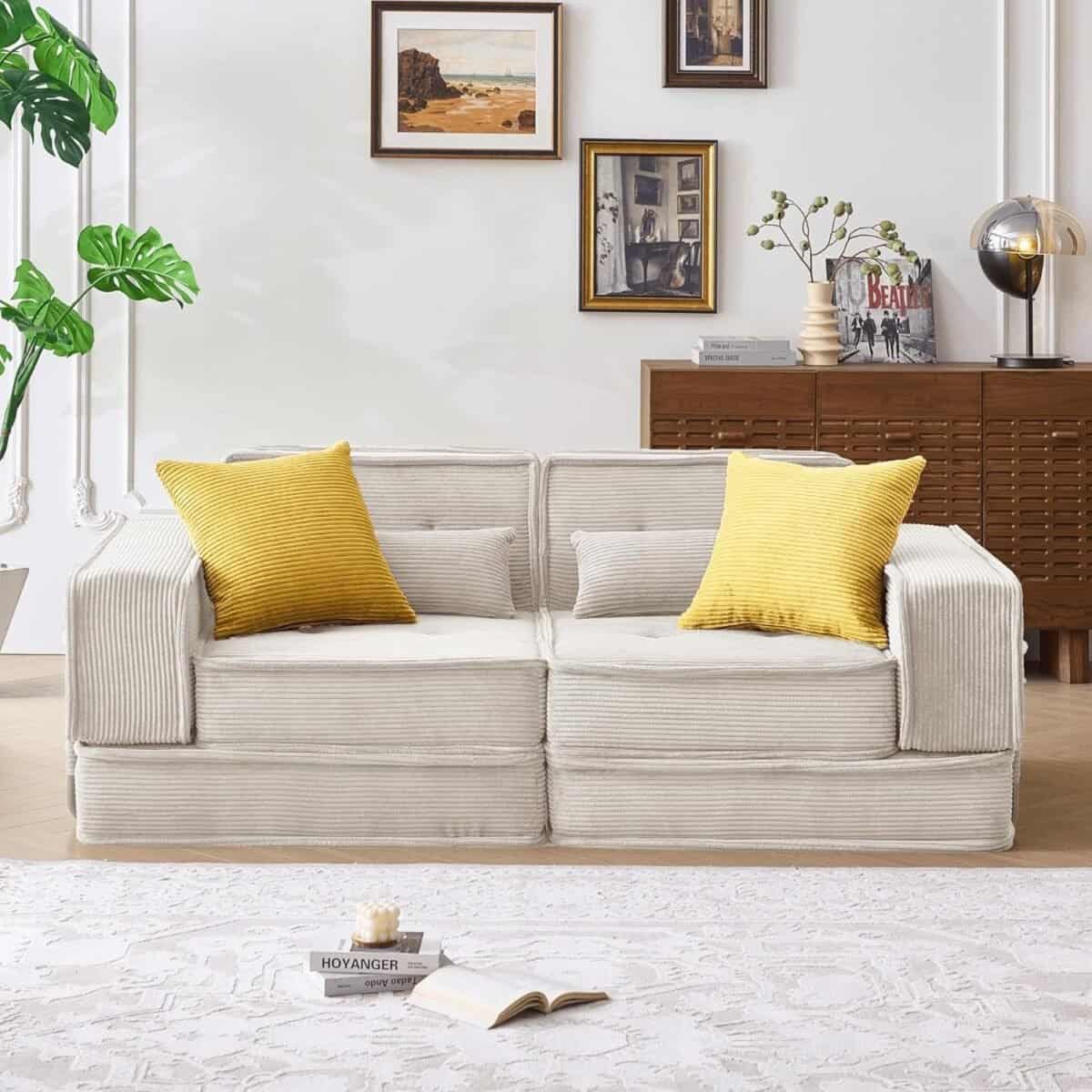 Modular Sofa Bed, Sectional Couch for Living Room, Compressed Cloud Couch with Corduroy Fabric & Lumbar Pillows