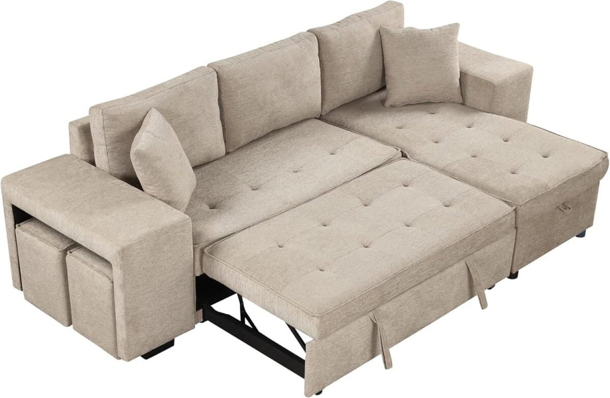 Sectional Sofa with Pull-Out Sleeper Sofa Bed, Chenille 3 Seat Sleeper Sofa with Wheels, Storage Chaise and 2 Stools, Upholstered Couch for Living Room