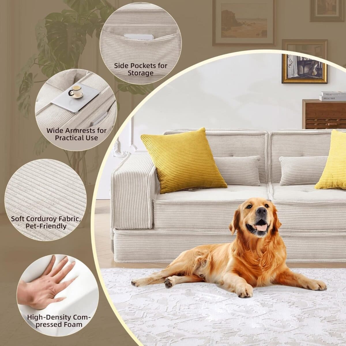 Modular Sofa Bed, Sectional Couch for Living Room, Compressed Cloud Couch with Corduroy Fabric & Lumbar Pillows