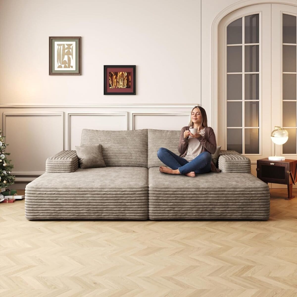 Modern Sofa Bed with Dual Sleeper and Chaise Lounge, Plush Corduroy Fabric, Camel Color