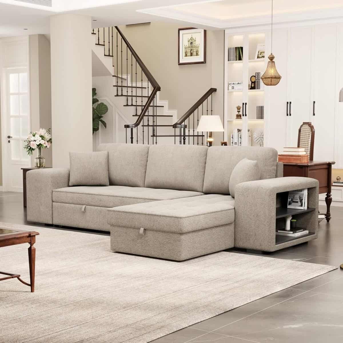 Sectional Sofa with Pull-Out Sleeper Sofa Bed, Chenille 3 Seat Sleeper Sofa with Wheels, Storage Chaise and 2 Stools, Upholstered Couch for Living Room
