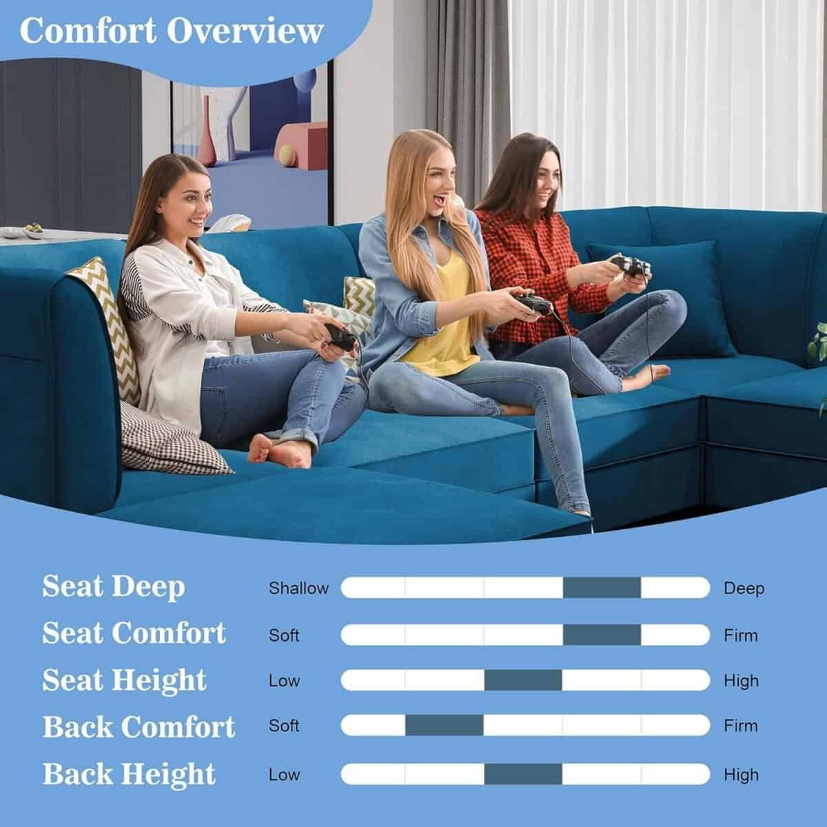 Sectional Couch Modular Sofa with Reversible Chaise Velvet U-Shaped Couch Sofa