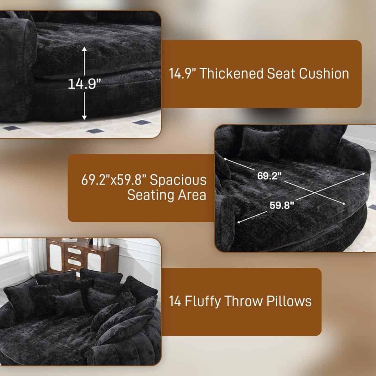 Oversized Bean Bag Chair, Upholstered Chenille Round Sofa Bed, Fluffy Plush Chaise Lounge Chair Indoor, Modern Comfy Cloud Couch with Deep Seat for Living Room