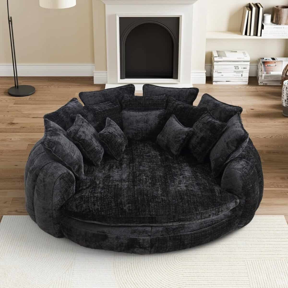 Oversized Bean Bag Chair, Upholstered Chenille Round Sofa Bed, Fluffy Plush Chaise Lounge Chair Indoor, Modern Comfy Cloud Couch with Deep Seat for Living Room
