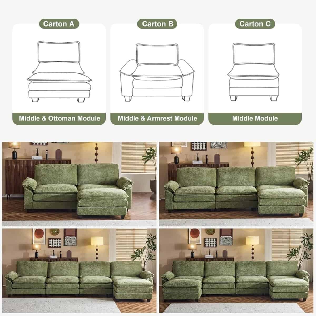 Sofa Modular Deep Seat Sofa Couch with Ottoman, Chenille Sofa Sleeper Comfy Upholstered Furniture for Living Room