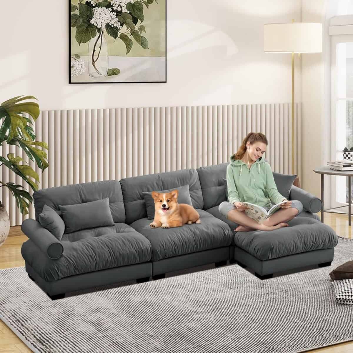 Oversized L Shape Sofa with Movable Ottoman, Convertible Cloud Sectional Couch, Velvet Fluffy Modular Sleeper Sofa