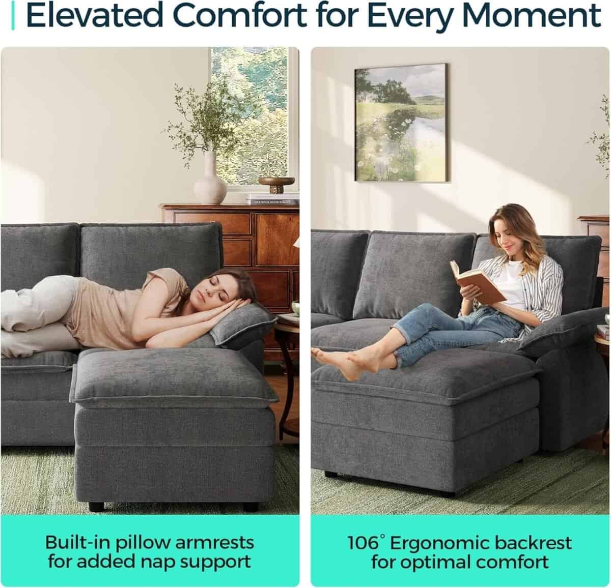 Modular Sofa Chaise Lounge, Sofa Bed Lounge with Armrests, Chenille Sleeper Sofa for Living Room