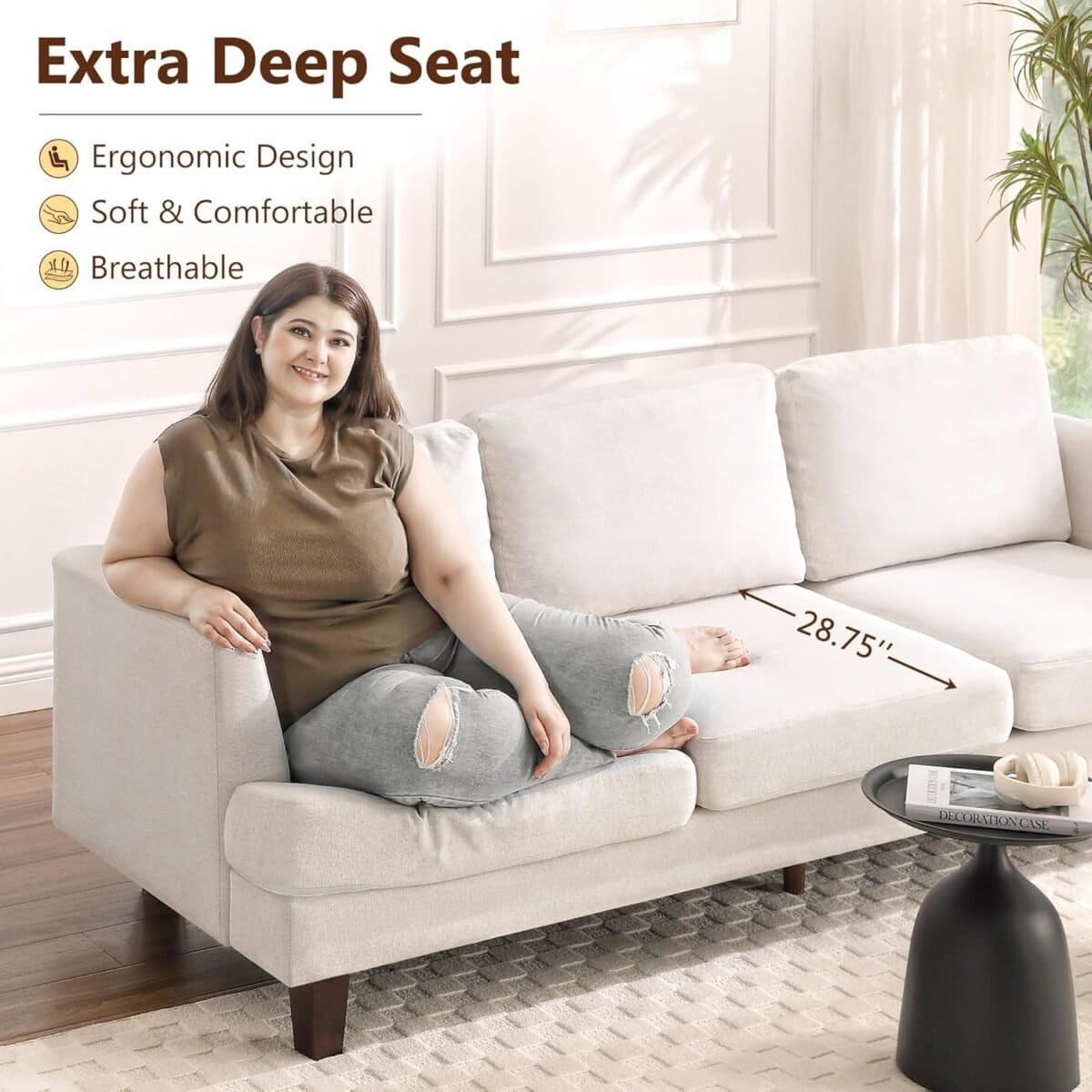 Sofa Couch with Deep Seats,  Mid Century Modern Upholstered Sofa with Armrests, Comfy Couches for Living Room, Bedroom