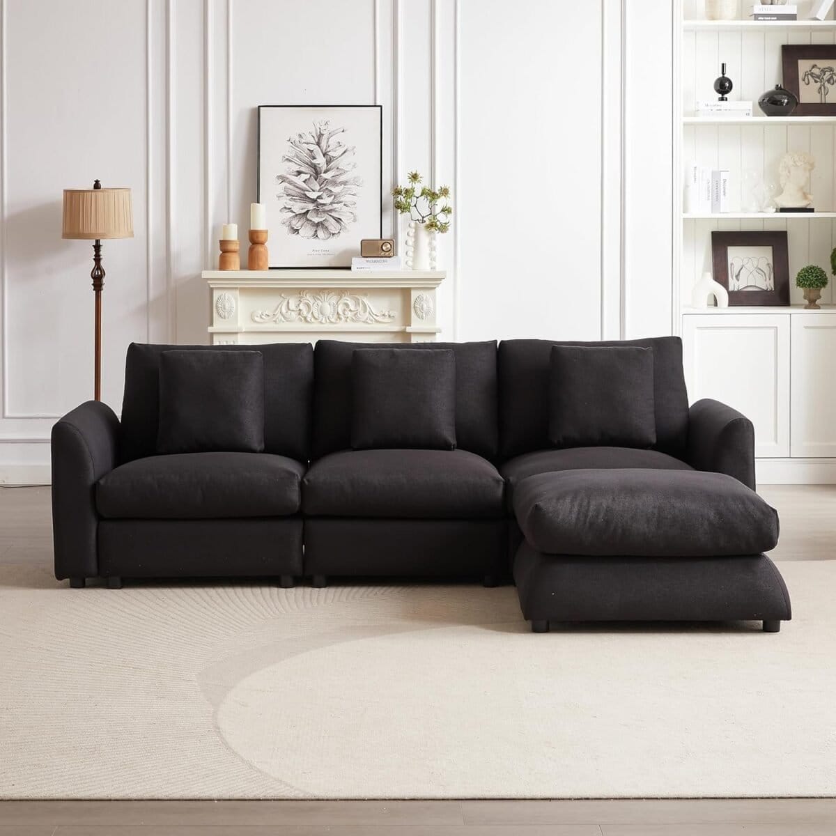 Comfortable and Modular Sofa with Ottoman, Modern Design, Three Cushions and Pillows for Living Room, Black