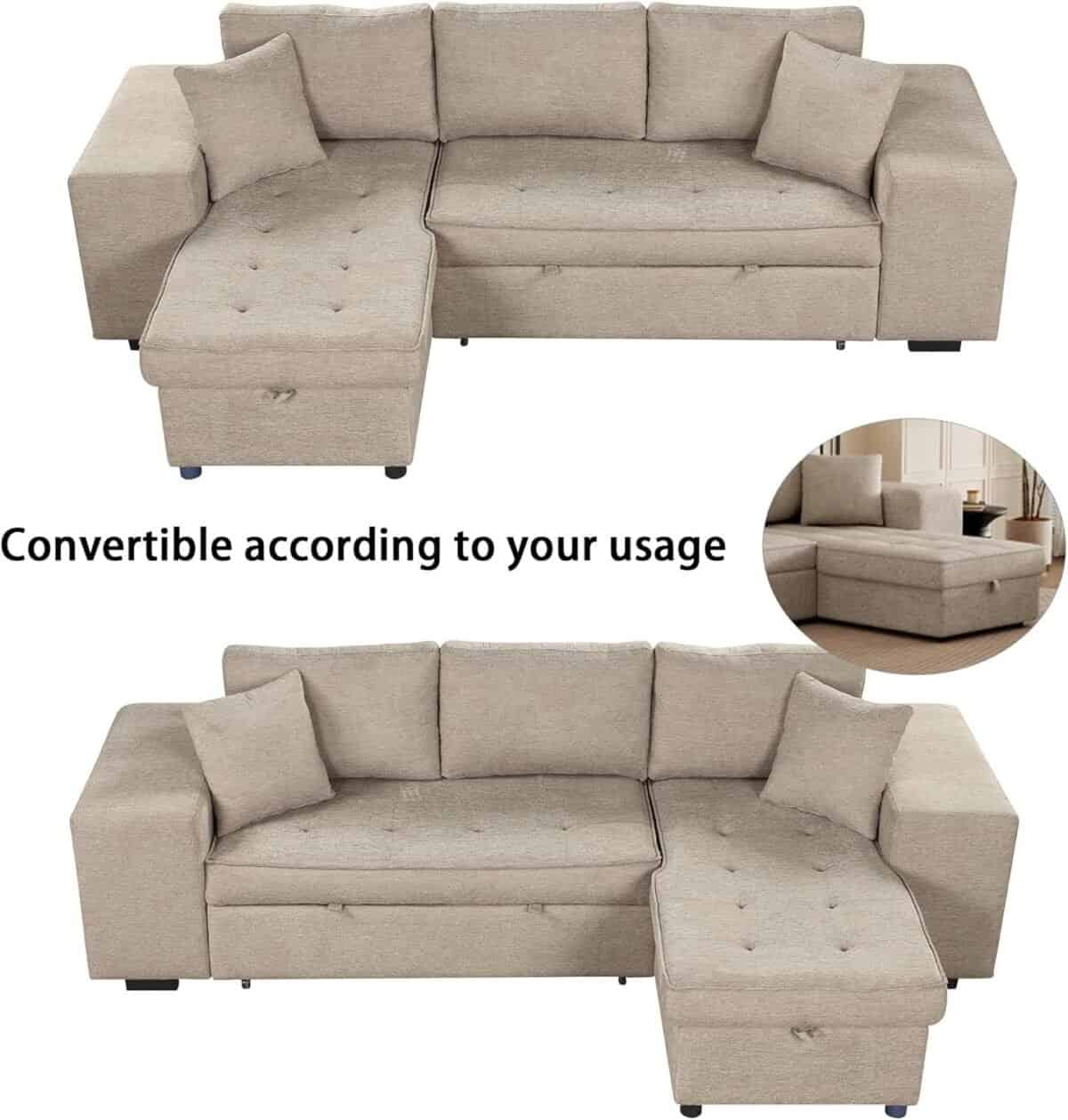 Sectional Sofa with Pull-Out Sleeper Sofa Bed, Chenille 3 Seat Sleeper Sofa with Wheels, Storage Chaise and 2 Stools, Upholstered Couch for Living Room