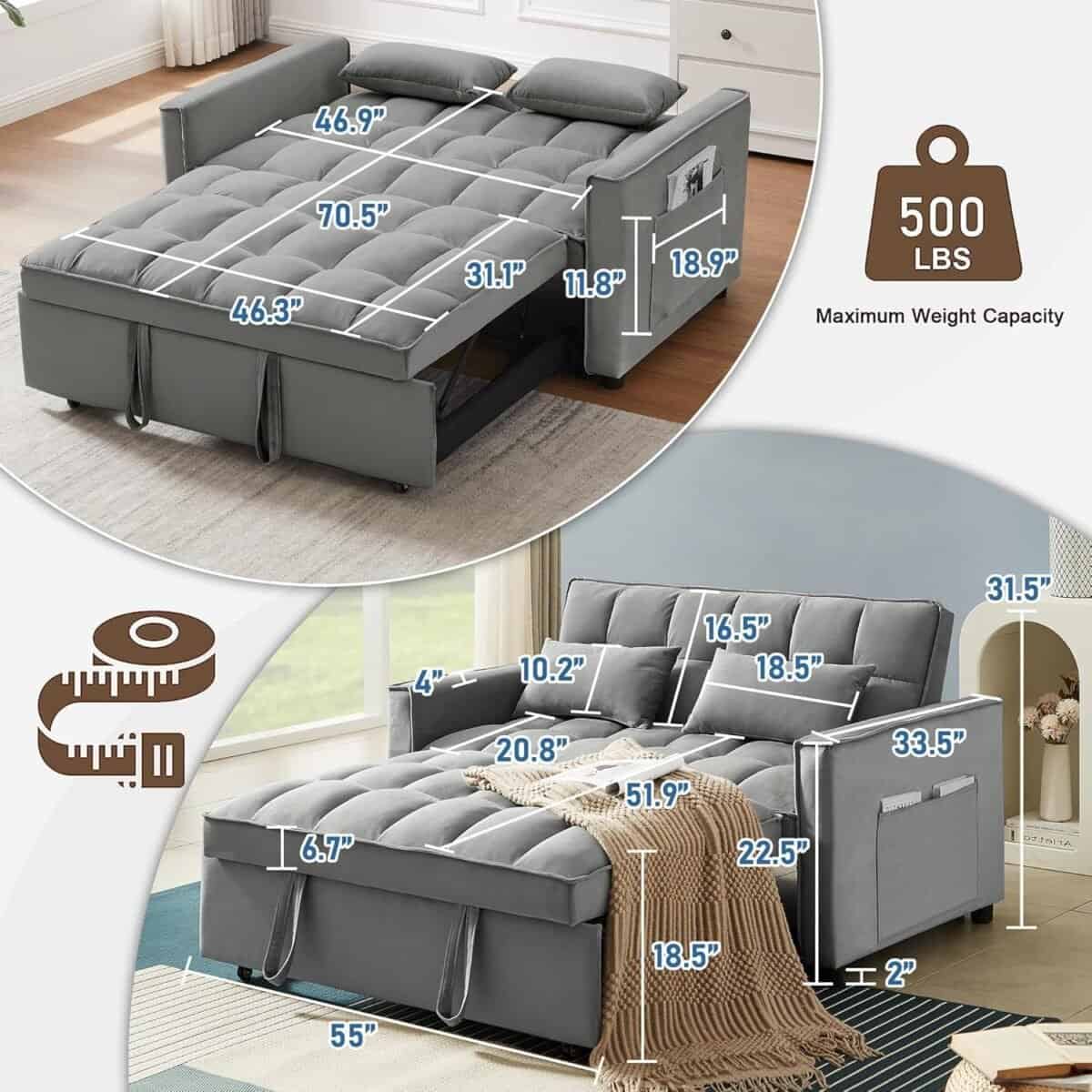 Pull Out Couch Bed Sleeper Sofa, Velvet 3-in-1 loveseat Sofa Bed with Pull-Out Bed, Two Throw Pillows