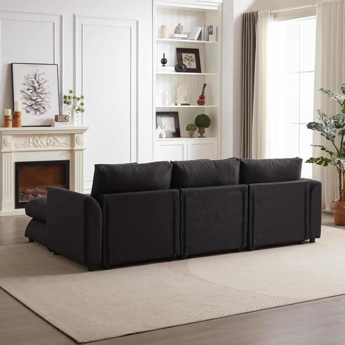 Comfortable and Modular Sofa with Ottoman, Modern Design, Three Cushions and Pillows for Living Room, Black