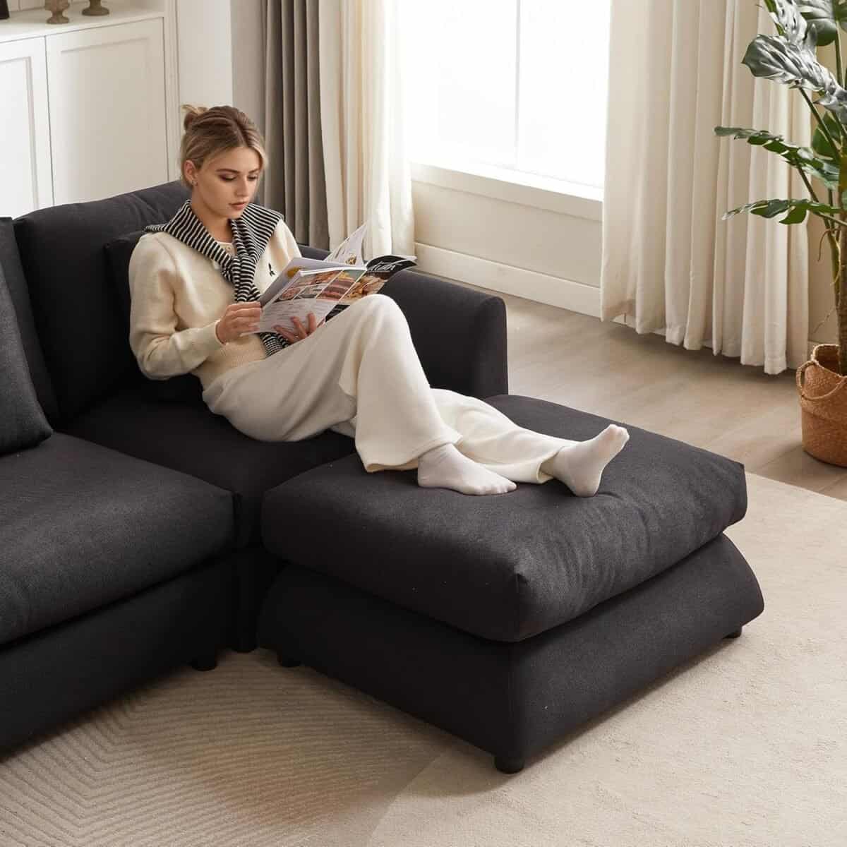 Comfortable and Modular Sofa with Ottoman, Modern Design, Three Cushions and Pillows for Living Room, Black