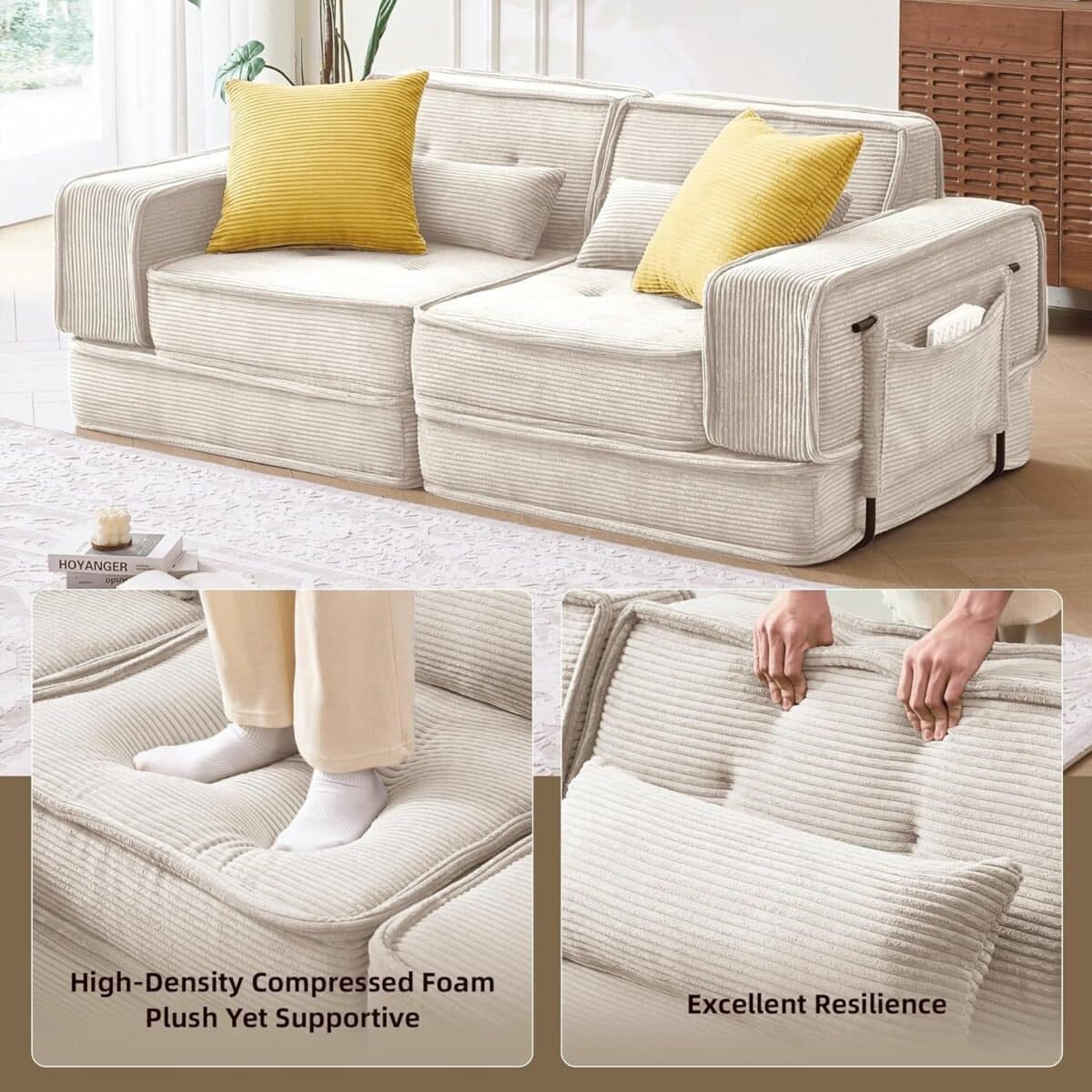 Modular Sofa Bed, Sectional Couch for Living Room, Compressed Cloud Couch with Corduroy Fabric & Lumbar Pillows