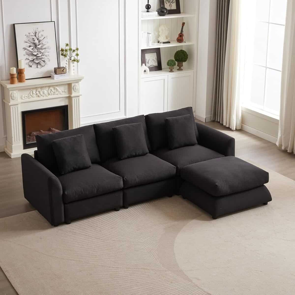 Comfortable and Modular Sofa with Ottoman, Modern Design, Three Cushions and Pillows for Living Room, Black