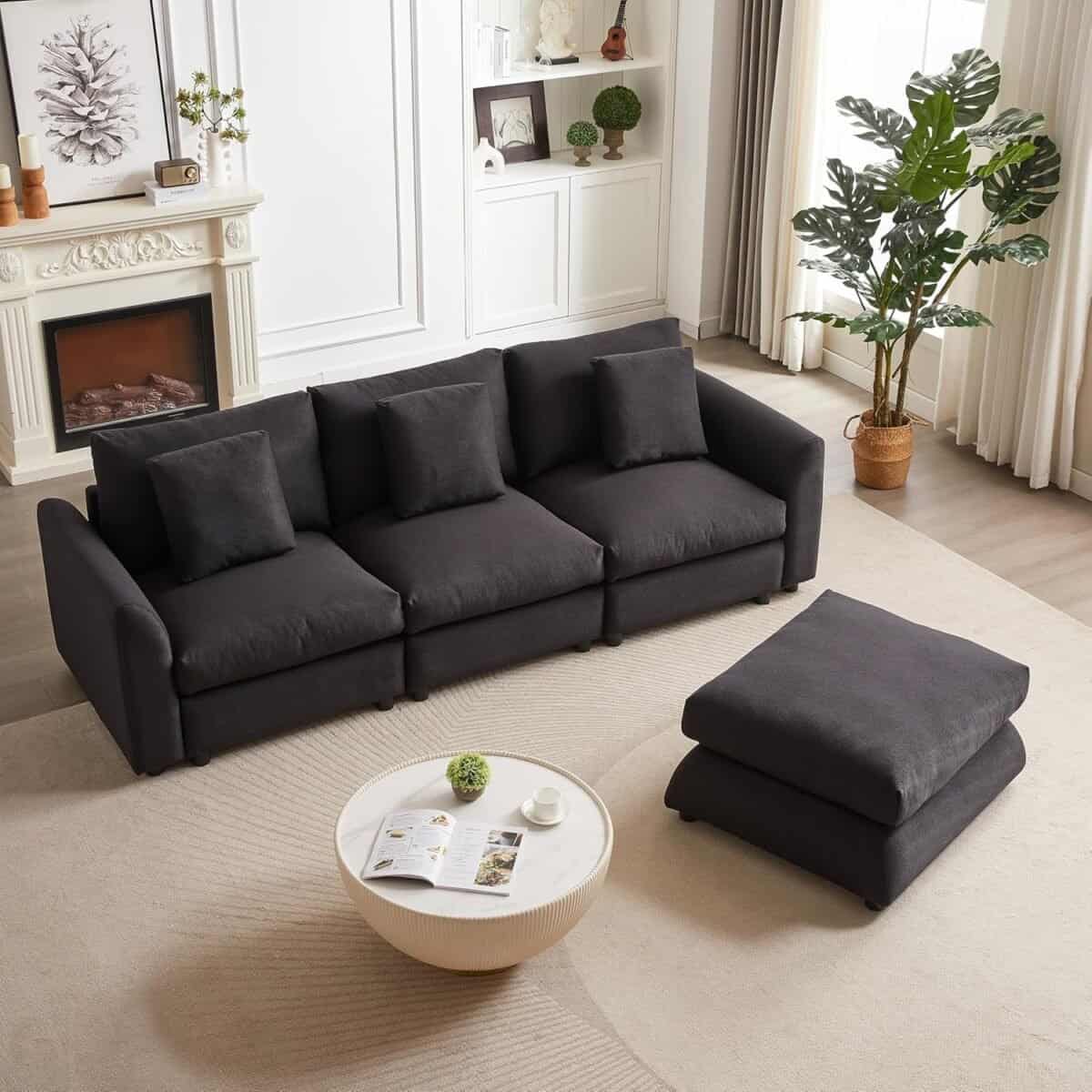 Comfortable and Modular Sofa with Ottoman, Modern Design, Three Cushions and Pillows for Living Room, Black