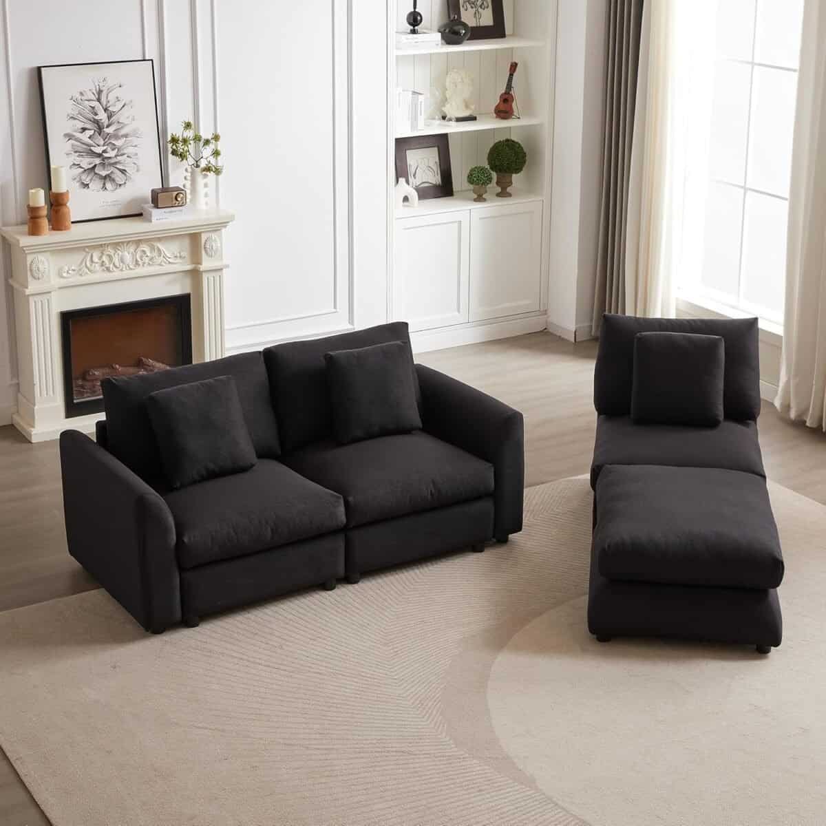 Comfortable and Modular Sofa with Ottoman, Modern Design, Three Cushions and Pillows for Living Room, Black