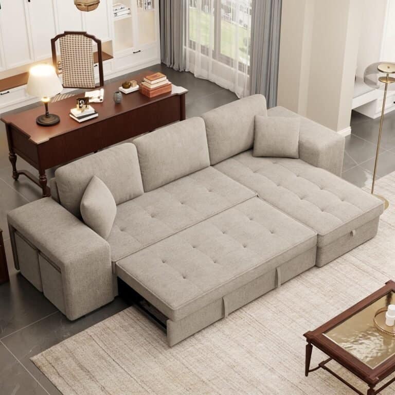 Sectional Sofa with Pull-Out Sleeper Sofa Bed, Chenille 3 Seat Sleeper Sofa with Wheels, Storage Chaise and 2 Stools, Upholstered Couch for Living Room