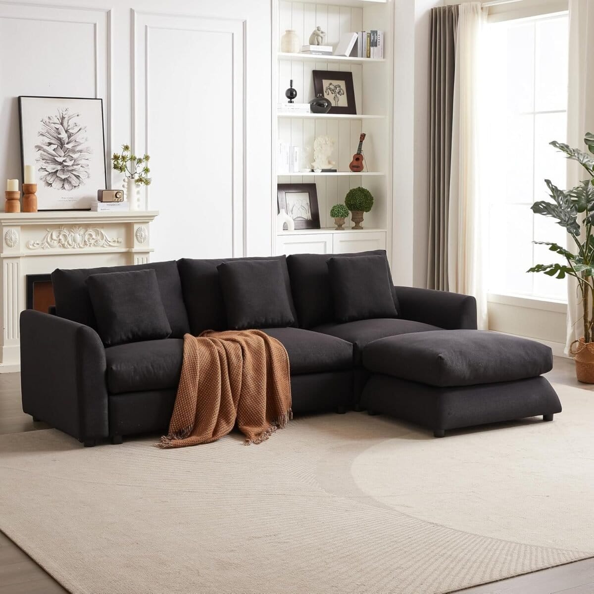 Comfortable and Modular Sofa with Ottoman, Modern Design, Three Cushions and Pillows for Living Room, Black