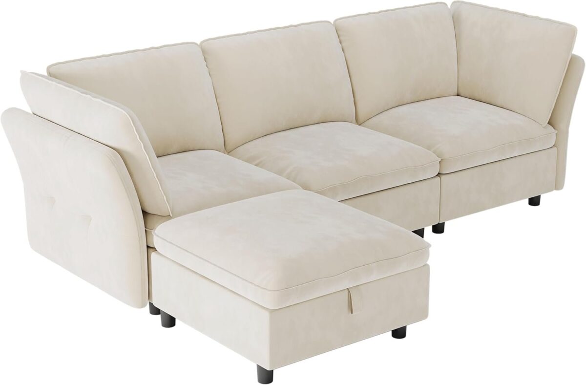 L-Shaped Sectional Couches for Living Room, Modern Sofa Modular Sectional Cloud Couch with Storage Ottoman, 3 Seater Velvet Deep Seat Sofas with Pillows for Bedroom