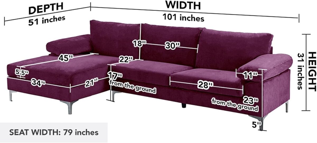 Modern Large Velvet L-Shape Sectional Sofa, with Extra Wide Chaise Lounge Couch  Home
