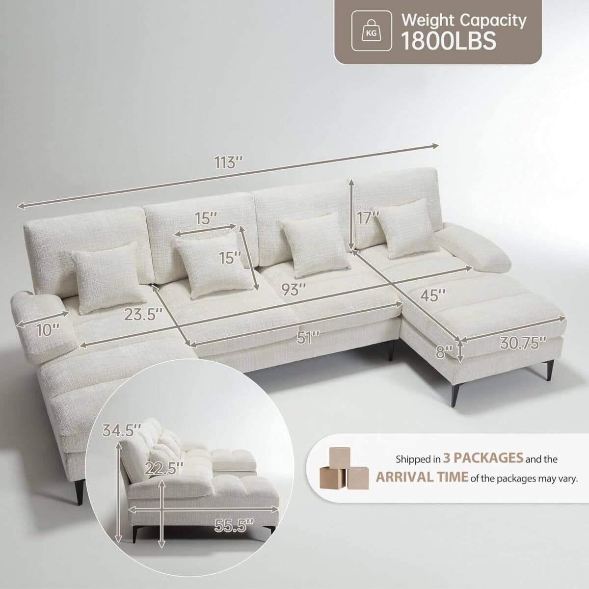 Sectional Sofa, 4-Seat Modular Couch with Removable Pillows, Flexible Combination Modern Deep Seat Sofa