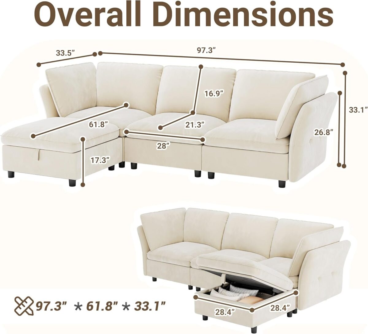 L-Shaped Sectional Couches for Living Room, Modern Sofa Modular Sectional Cloud Couch with Storage Ottoman, 3 Seater Velvet Deep Seat Sofas with Pillows for Bedroom