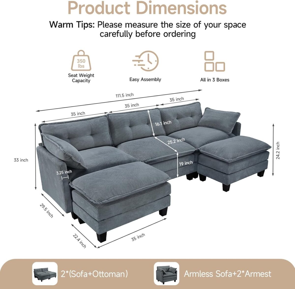 Modular Sectional Sofa, U-Shaped Corduroy Comfy Sectional Couches for Living Room, 3-Seater Cloud Couches with 2 Movable Ottomans