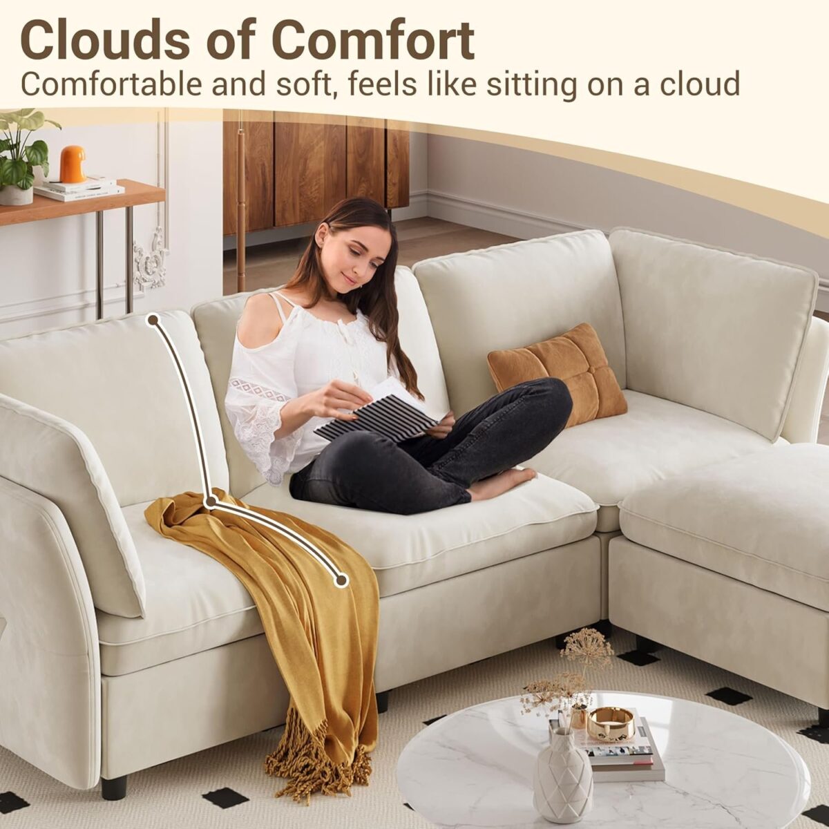 L-Shaped Sectional Couches for Living Room, Modern Sofa Modular Sectional Cloud Couch with Storage Ottoman, 3 Seater Velvet Deep Seat Sofas with Pillows for Bedroom