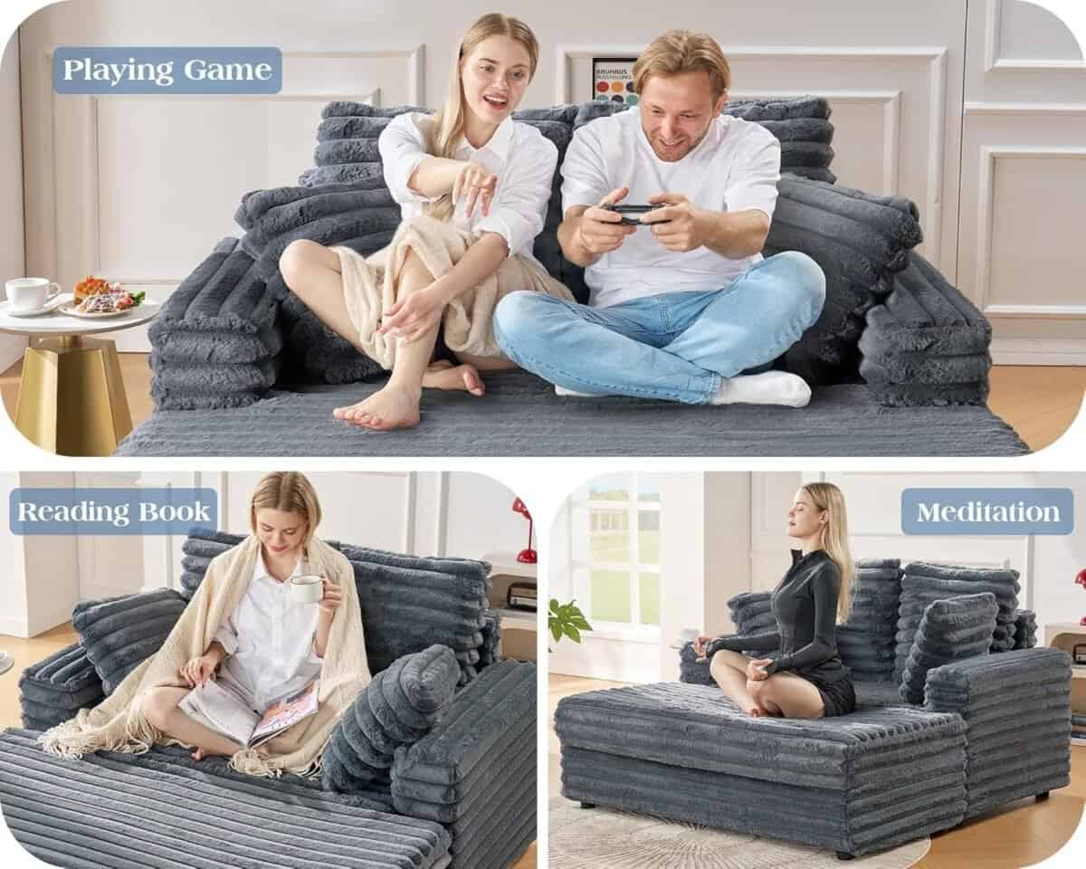 Upholstered Chaise Lounge, Plush Sleeper Chair with Throw Pillows and Armrests, Sofa Bed Indoor for Living Room