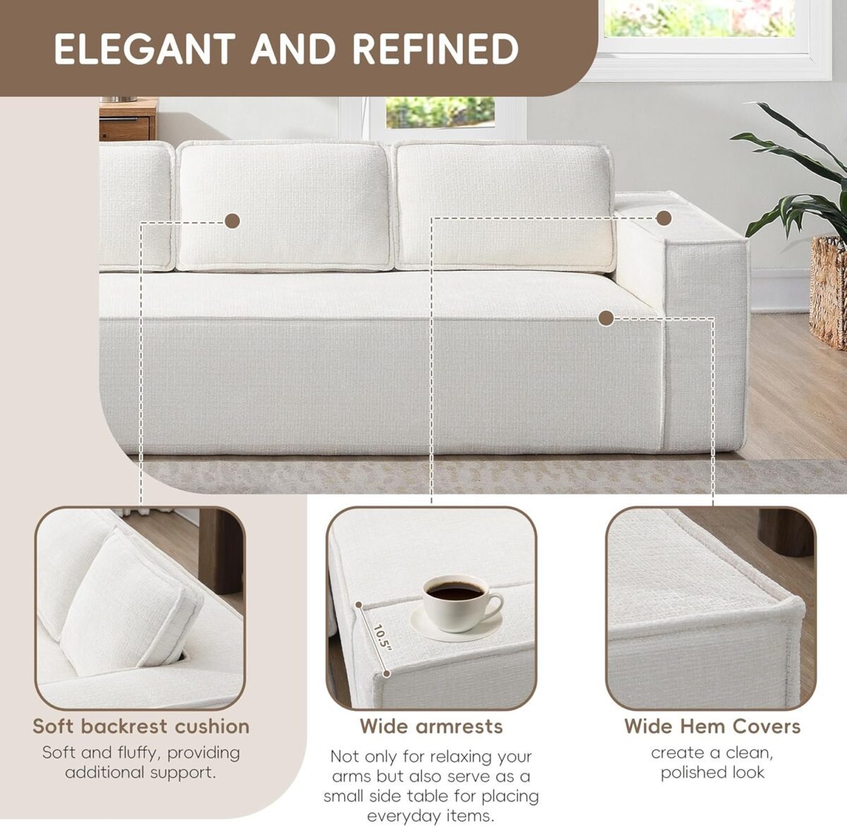 Modern L Shaped Sectional Sofa with Soft Chenille Fabric, Full-Compressed 6-Seater Modular Sectional Couch for Living Room