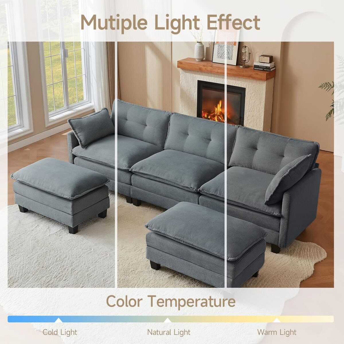 Modular Sectional Sofa, U-Shaped Corduroy Comfy Sectional Couches for Living Room, 3-Seater Cloud Couches with 2 Movable Ottomans