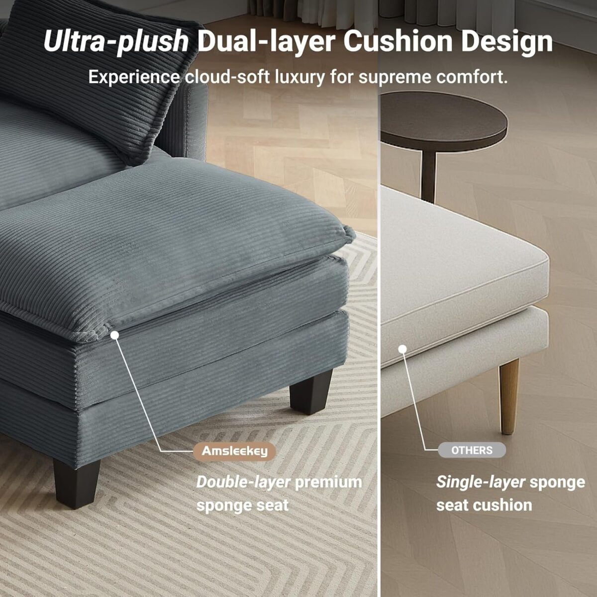 Modular Sectional Sofa, U-Shaped Corduroy Comfy Sectional Couches for Living Room, 3-Seater Cloud Couches with 2 Movable Ottomans
