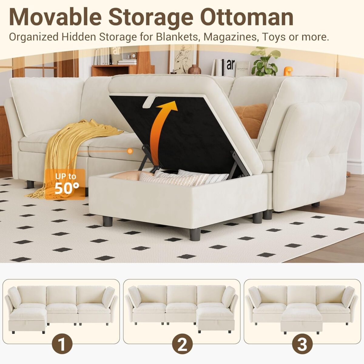 L-Shaped Sectional Couches for Living Room, Modern Sofa Modular Sectional Cloud Couch with Storage Ottoman, 3 Seater Velvet Deep Seat Sofas with Pillows for Bedroom