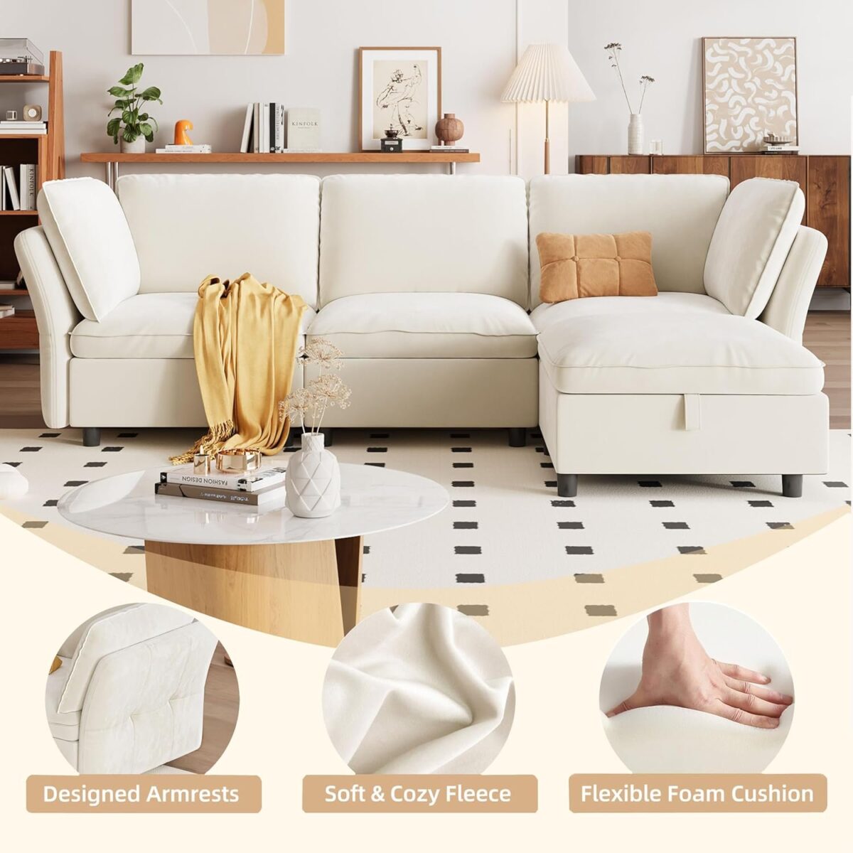 L-Shaped Sectional Couches for Living Room, Modern Sofa Modular Sectional Cloud Couch with Storage Ottoman, 3 Seater Velvet Deep Seat Sofas with Pillows for Bedroom