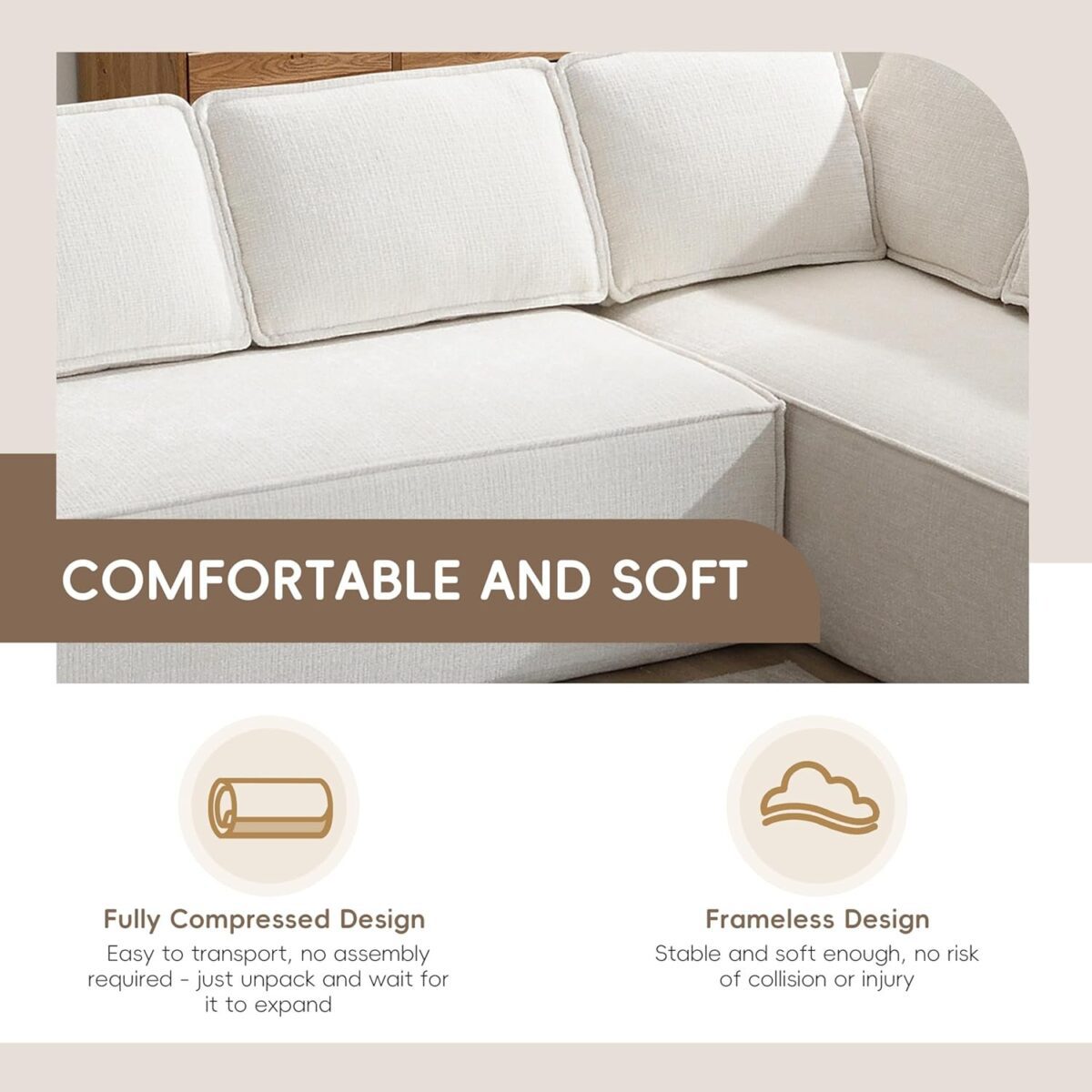 Modern L Shaped Sectional Sofa with Soft Chenille Fabric, Full-Compressed 6-Seater Modular Sectional Couch for Living Room