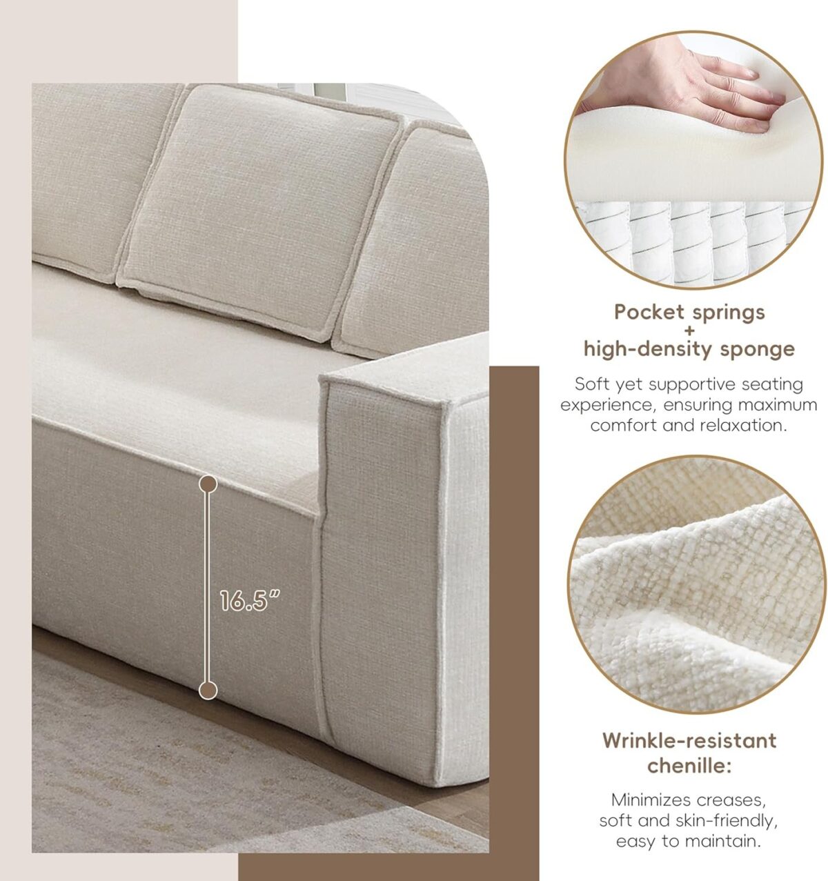Modern L Shaped Sectional Sofa with Soft Chenille Fabric, Full-Compressed 6-Seater Modular Sectional Couch for Living Room