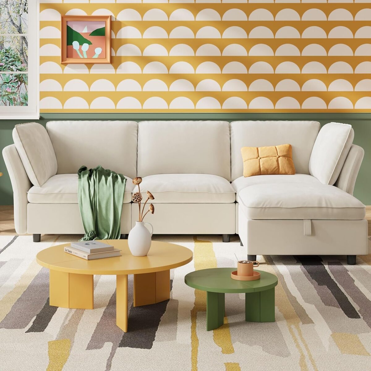 L-Shaped Sectional Couches for Living Room, Modern Sofa Modular Sectional Cloud Couch with Storage Ottoman, 3 Seater Velvet Deep Seat Sofas with Pillows for Bedroom