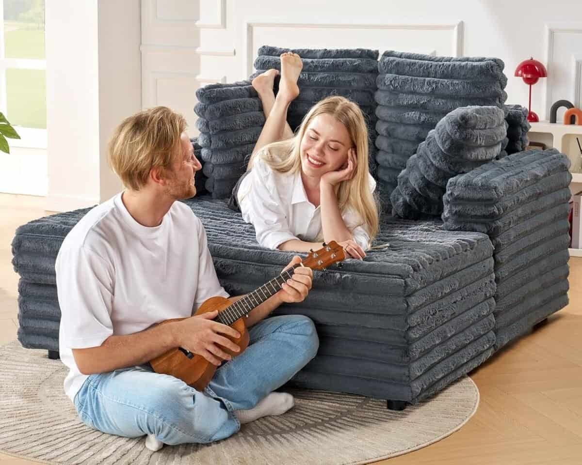 Upholstered Chaise Lounge, Plush Sleeper Chair with Throw Pillows and Armrests, Sofa Bed Indoor for Living Room