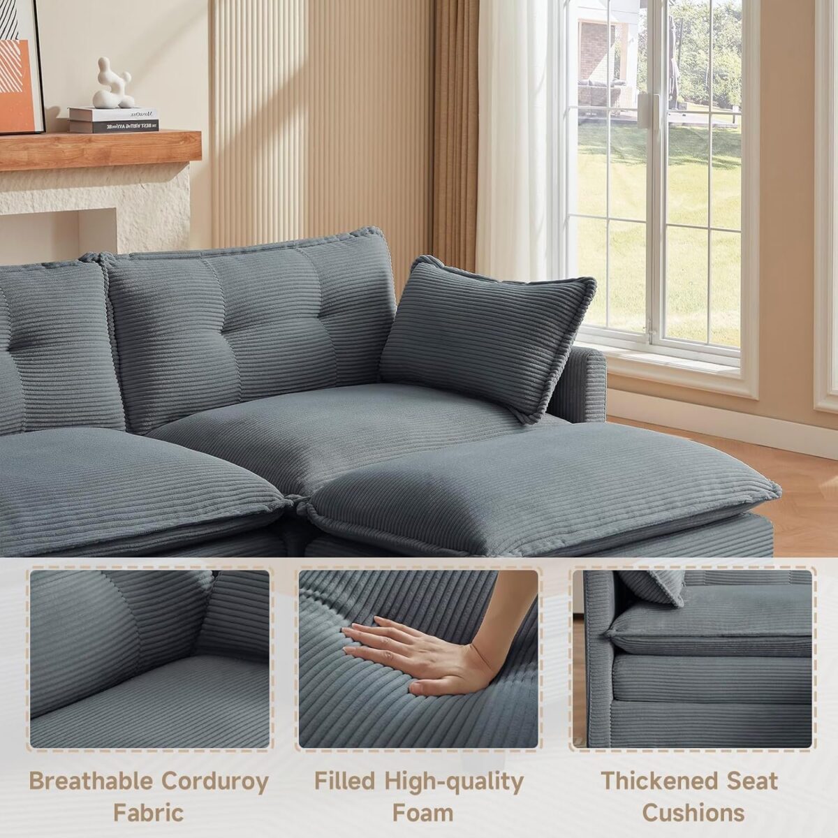 Modular Sectional Sofa, U-Shaped Corduroy Comfy Sectional Couches for Living Room, 3-Seater Cloud Couches with 2 Movable Ottomans