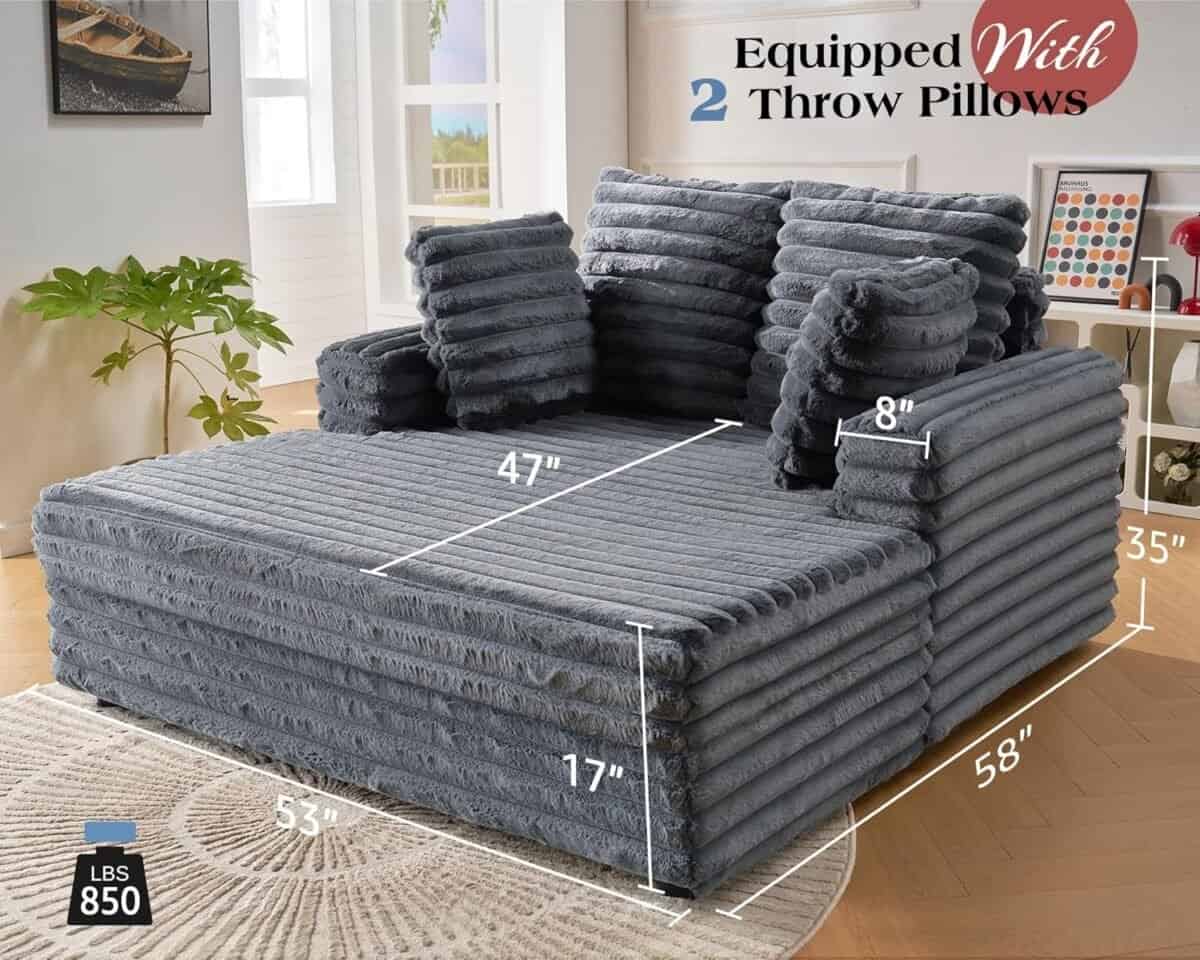 Upholstered Chaise Lounge, Plush Sleeper Chair with Throw Pillows and Armrests, Sofa Bed Indoor for Living Room