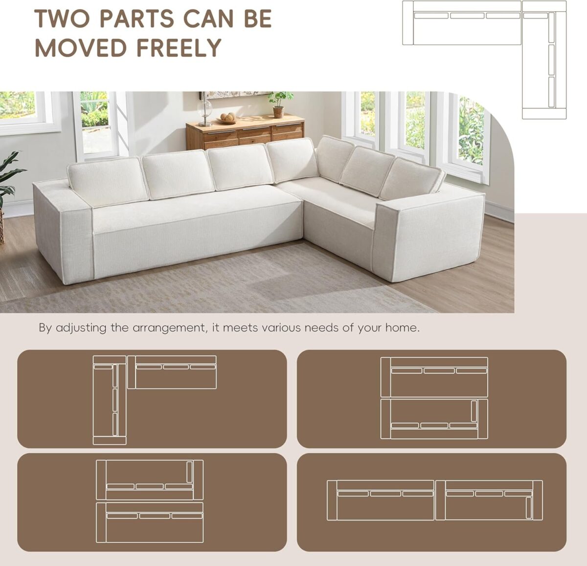Modern L Shaped Sectional Sofa with Soft Chenille Fabric, Full-Compressed 6-Seater Modular Sectional Couch for Living Room