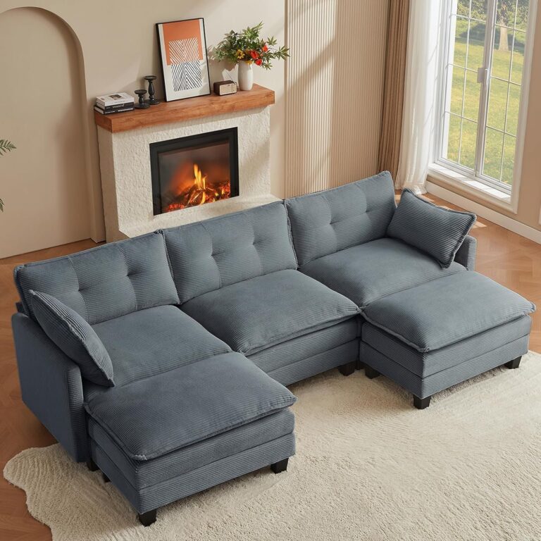 Modular Sectional Sofa, U-Shaped Corduroy Comfy Sectional Couches for Living Room, 3-Seater Cloud Couches with 2 Movable Ottomans