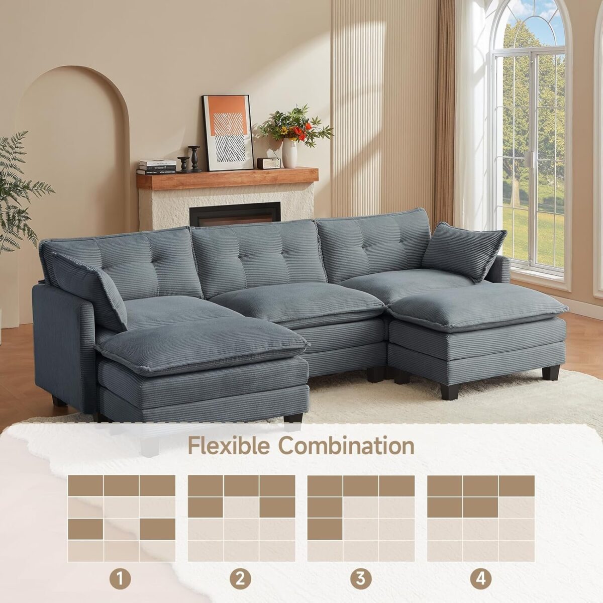 Modular Sectional Sofa, U-Shaped Corduroy Comfy Sectional Couches for Living Room, 3-Seater Cloud Couches with 2 Movable Ottomans