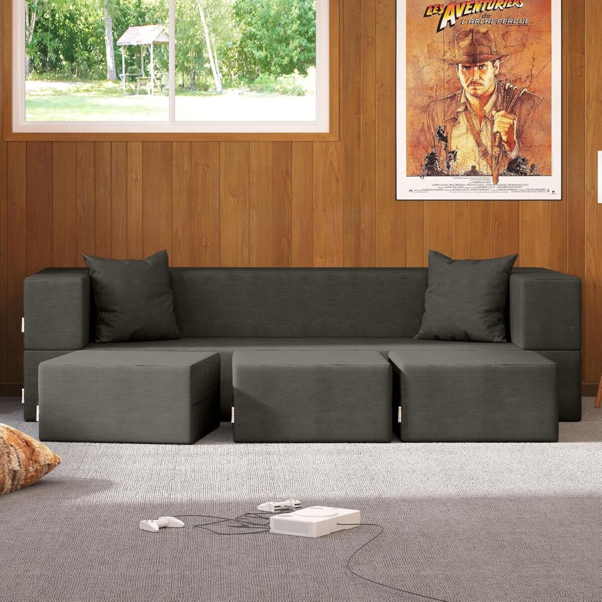 Zipline Convertible Sleeper Sofa & Three Ottomans/California King-Size Bed, Textured Microvelvet