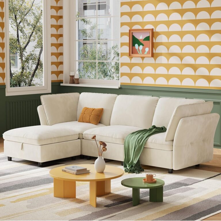 L-Shaped Sectional Couches for Living Room, Modern Sofa Modular Sectional Cloud Couch with Storage Ottoman, 3 Seater Velvet Deep Seat Sofas with Pillows for Bedroom