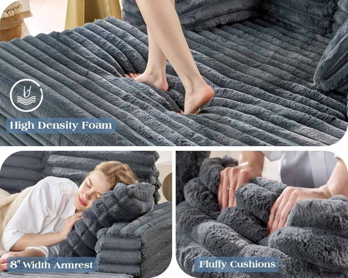 Upholstered Chaise Lounge, Plush Sleeper Chair with Throw Pillows and Armrests, Sofa Bed Indoor for Living Room