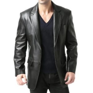 Men's Two Button Real Lambskin Black Leather Blazer